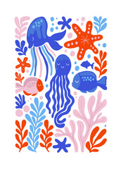 Underwater world, ocean, sea, fish and shells vertical flyer or poster template. Modern trendy Matisse minimal style. 