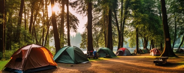 Tents at amazing camping site in the forest near the lake. Camping theme.