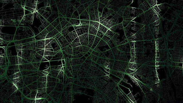 Zoom in road map of Berlin Germany with green glowing roads on a black background.