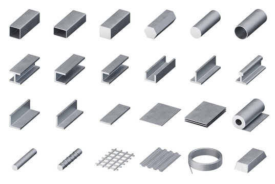 Steel products isometric icon set. Set of metal products, steel angle, channel, rail, i beam, flat metal bar, steel tube, pipe, rebar, wire mesh 3D render PNG icons