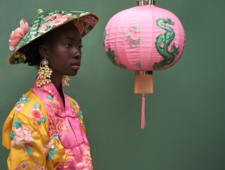 Fototapeta premium Fashion editorial Concept. Pretty black woman with glowy skin makeup in elaborate oriental jewel asian dragon embroidery headgear hat outfit accessory jacket and Chinese lantern. copy text space