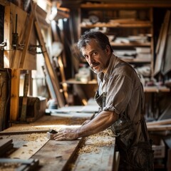 Focused senior male carpenter holding measuring tape at workshop