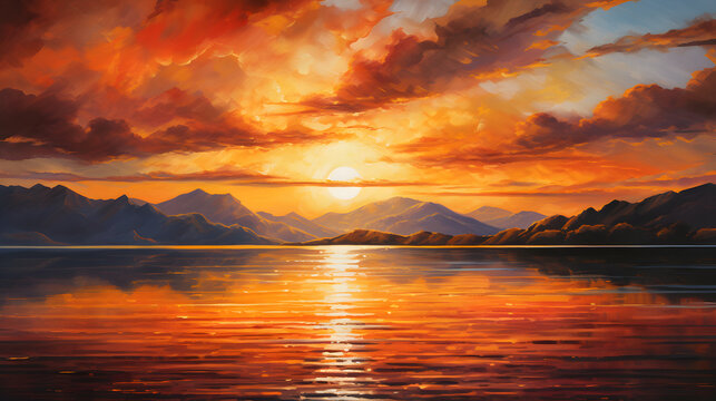 Landscape Acrylic Painting Stock Photo - Brilliant Sunset Over Calm Waters and Mountain Silhouette