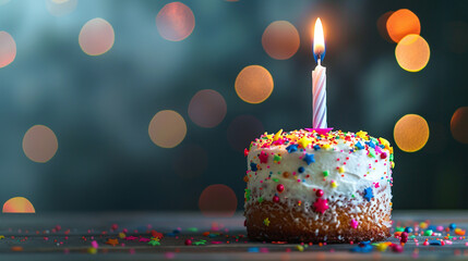 Birthday cake with one candle. Happy birthday concept banner with copyspace. 