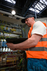 an electrician in a cap and orange vest installs a large electrical substation using a computer