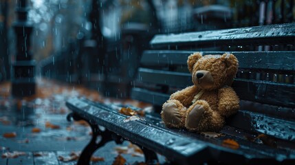 Teddy bear alone on a soggy park bench at heartrending. Generative Ai - obrazy, fototapety, plakaty