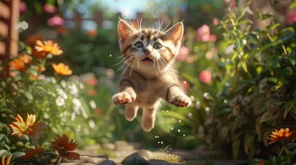 A cute kitten leaping into the air in a garden. Generative Ai - obrazy, fototapety, plakaty