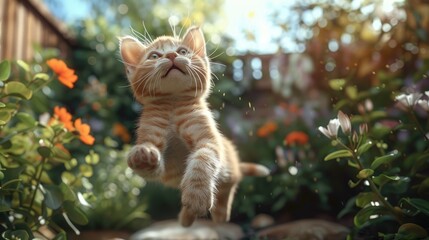 A cute kitten leaping into the air in a garden. Generative Ai - obrazy, fototapety, plakaty