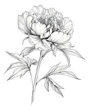 peony flower template with leaves branches