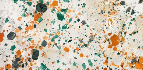 A white wall covered with splashes of orange and green paint, creating a vibrant and eye-catching display of color and texture.