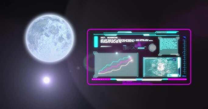 Animation of full moon and screen with data processing on black background