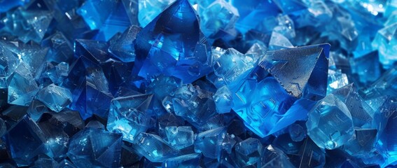 A collection of blue glass chips stacked on a wooden table, creating a vibrant contrast. The chips vary in size and shape, reflecting light.