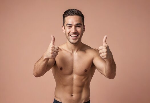 A fit man without a shirt gives double thumbs up. His athletic physique and confident grin suggest a healthy, active lifestyle.