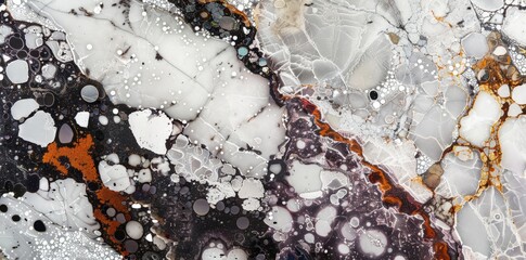 Detailed close-up view of a black and white marble showcasing the intricate patterns and textures on its surface.