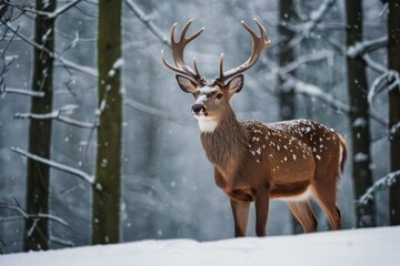 Obraz premium Deer roam through snowy woods, their majestic antlers blending with the wintry forest scenery