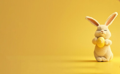Fototapeta na wymiar Cute easter bunny plush holding an easter egg on a yellow background, copy space