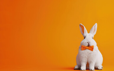 White easter rabbit with an orange bow tie isolated on an orange background, copy space