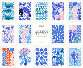 Underwater world, ocean, sea, fish and shells vertical flyer or poster template. Modern trendy Matisse minimal style. © KozyPlace