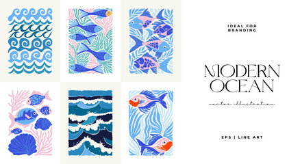 Underwater world, ocean, sea, fish and shells vertical flyer or poster template. Modern trendy Matisse minimal style. © KozyPlace