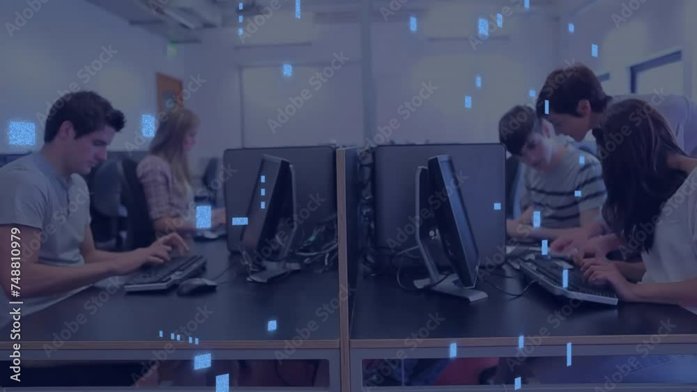 Poster animation of circuit board with ai data processing over diverse people using computers