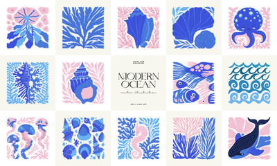 Underwater world, ocean, sea, fish and shells vertical flyer or poster template. Modern trendy Matisse minimal style.