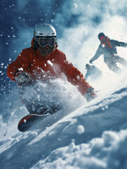 Snowboarders Descending in Snowstorm