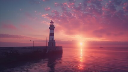 Fototapeta premium Sunset serenity at a coastal lighthouse with a backdrop of captivating clouds