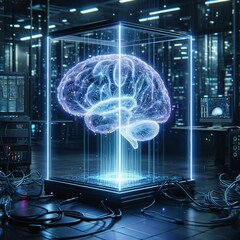 Digital AI brain. Interacting with an Artificial Super Intelligence far more intelligent than a human. Virtual interface. Technology concept. Futuristic. Hologram. AGI. Generative AI