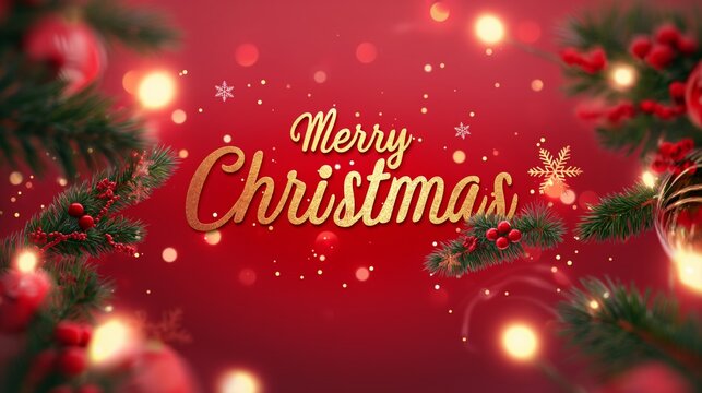 Christmas red greeting background with Merry Christmas in gold letters, in the style of realistic, light red bokeh flat backdrop, snowflakes, fir branches, top view.