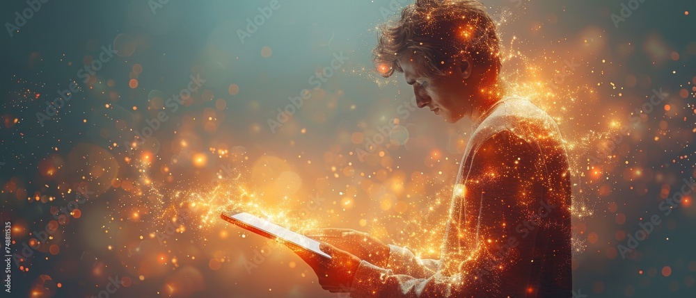 Aufkleber An abstract digital adult with a tablet computer in front of a white background. A low poly wireframe business concept with polygons, particles, lines, and connected patterns.