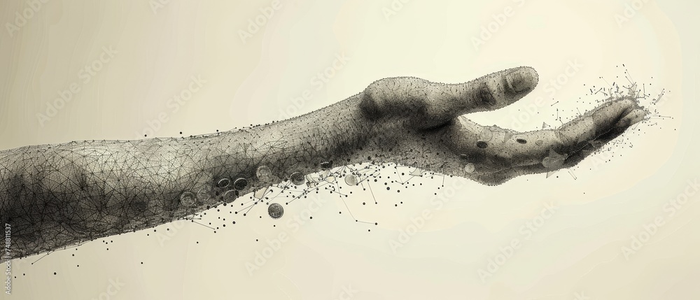 Poster tossing coins with abstract polygonal hand isolated on white background. low poly wireframe illustra