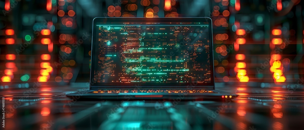 Poster Concept image of software development. Laptop with open screen hanging over desk. Coding or programming software and computer applications. Interface design for laptop and mobile phone applications.