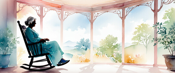 A silhouette of an elderly woman sitting in a rocking chair and admiring the scenery. Wearing a turquoise dress. Illustration in watercolor style.