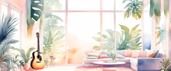 Modern interior with acoustic guitar and sofa. 
exotic scenery. Interior illustration in pastel toned watercolor style. - obrazy, fototapety, plakaty