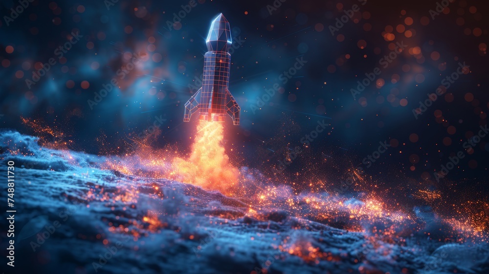 Aufkleber Launch of an abstract rocket from a smartphone. Design with a low poly style. Blue geometric background. Wireframe structure for the light connection. Modern 3D graphic concept Isolated