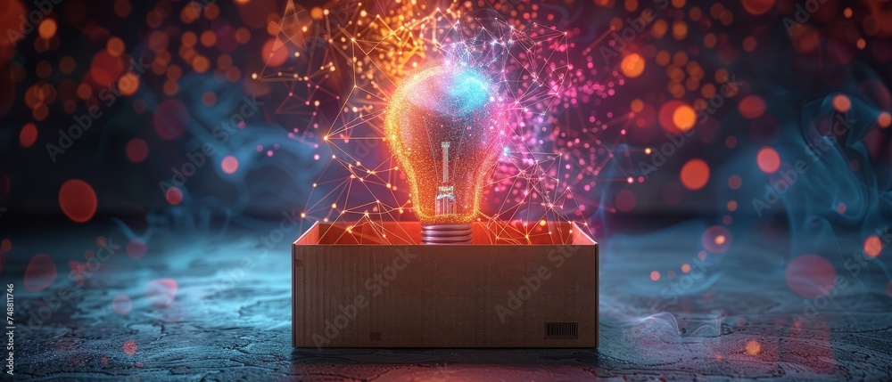 Aufkleber Open box with light bulb. Think outside the box. Low poly style design. Geometric background. Wireframe light connection structure. A modern 3D graphic concept. Isolated  illustration.