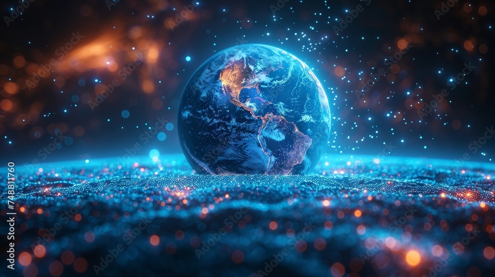 Poster This is an abstract blue glowing planet Earth in a simple power button design. Earth hour concept. A geometric background with wireframe light connections. A modern 3D graphic. A  image.