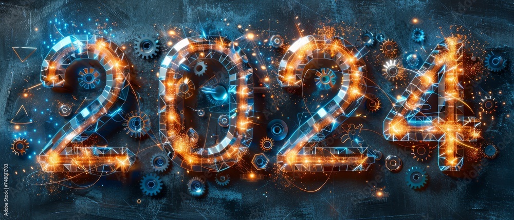 Poster This is an abstract Happy 2024 New Year greeting card with a cogwheel. It features a low poly style design. The background is abstract geometric. There is a wireframe light structure. The design is a