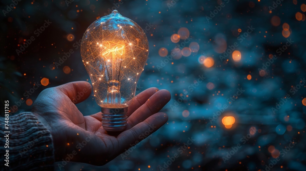 Aufkleber The abstract hand holding a light bulb is low poly style design on a blue geometric background. Wireframe light connection structure is a modern 3D graphic concept.  illustration isolated on a
