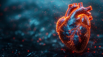 Heart concept with red cardio pulse line in low poly style. Abstract blue geometric background. Wireframe light connections. Blue 3D graphic. . - obrazy, fototapety, plakaty