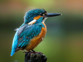 Fototapeta premium A vivid blue and orange kingfisher perched on a stump.