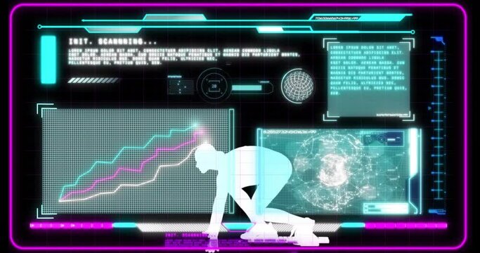 Animation of screens with data processing over woman storting to run on dark background