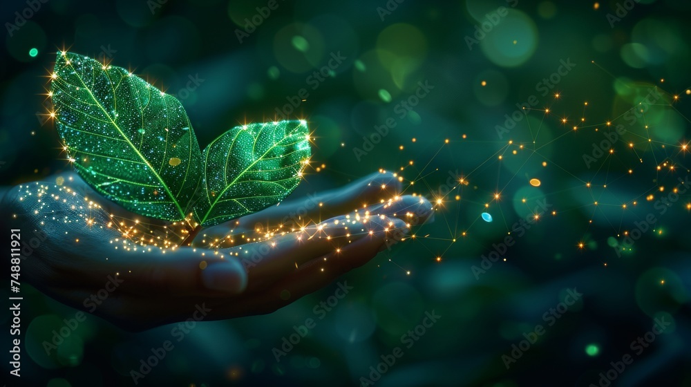 Aufkleber Low poly design with falling green leaves. Blue geometric background. Wireframe light connection structure. Modern 3D graphic ecology concept. Isolated  illustration.