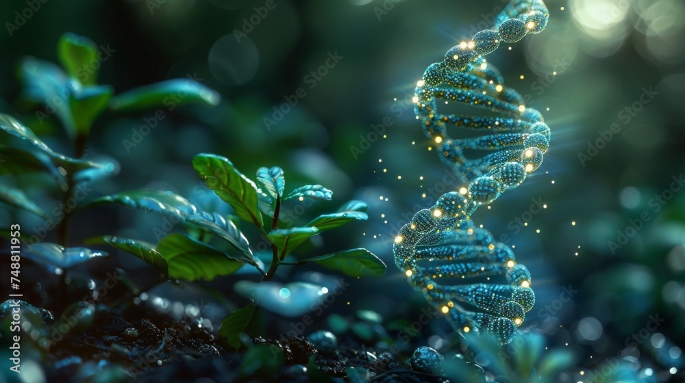 Aufkleber sprout of green plant with blue 3d dna molecule. concept of gene editing genetic biotechnology engin