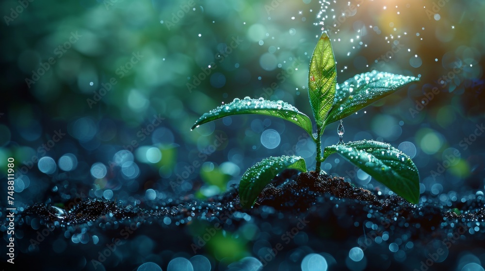 Leinwandbilder isolated illustration of an abstract growing plant in soil with a drop of water. blue geometric back