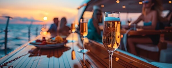Friends enjoying champagne on yacht at sea luxury travel and yachting. Concept Luxury Yachting,...