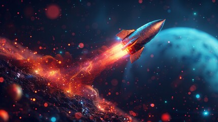 Flying rocket with planets in space. Low poly style design. Abstract geometric background. Wireframe light connection structure. Modern 3D graphic concept. Isolated  illustration. - obrazy, fototapety, plakaty