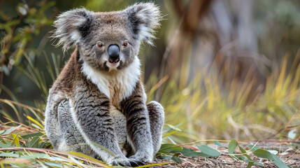 A relaxed koala sitting on the ground amongst eucalyptus leaves, gazing into the camera.