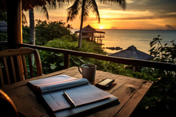 Freelancer workspace. Book phone and a cup of coffee on wooden table, sunset ocean view