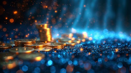 The image shows an abstract coins pile with falling coins. Money savings theme. It has a low poly style design. A blue geometric background. A wireframe light connection structure. A modern 3d - obrazy, fototapety, plakaty